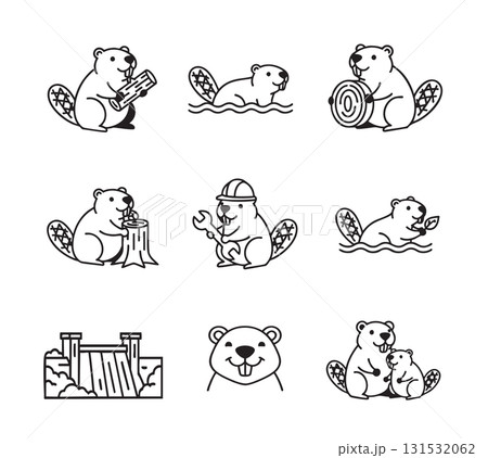 Charming beaver vector set depicting the industrious animal working, swimming, holding logs, and building a dam. 131532062