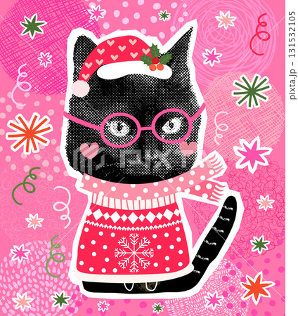 Funny vector black cat with ugly Christmas sweater, Santa hat, scarf and pink glasses, halftone collage style holiday poster, banner or greeting card 131532105