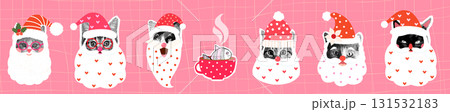 Funny and cute vector Santa Claus cat faces with hats, Half tone retro Christmas hipster collage kitty heads with beards illustration Funny and cute vector Santa Claus cat faces with hats, Half tone retro Christmas hipster collage kitty heads with beards illustration 131532183