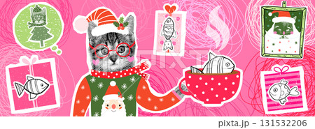 Funny Kitten with Ugly Christmas Sweater and Glasses Holding A Cup of Coffee with Fish, Fun Vector Cat Design 131532206