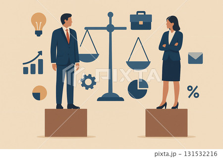 ビジネスにおける男女平等を表すバランススケールのイラスト 131532216