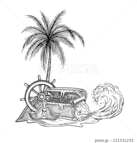Treasure Island. Black and white graphics, hand-drawn vector illustration. An old chest with gold coins on an island under a palm tree. A pirate theme for childrens games, banners, postcards, and more Treasure Island. Black and white graphics, hand-drawn vector illustration. An old chest with gold coins on an island under a palm tree. A pirate theme for childrens games, banners, postcards, and more 131532235