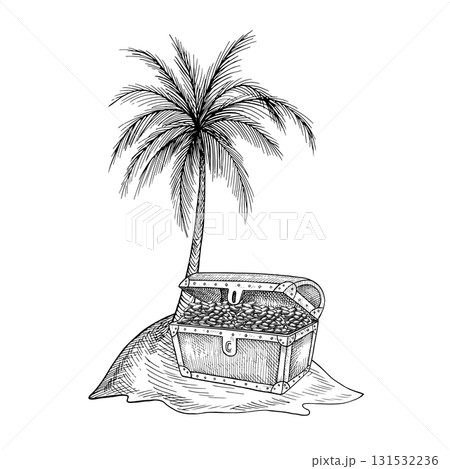 Treasure Island. Black and white graphics, hand-drawn vector illustration. An old chest with gold coins on an island under a palm tree. For children s games, celebrations, stickers, posters, banners. Treasure Island. Black and white graphics, hand-drawn vector illustration. An old chest with gold coins on an island under a palm tree. For children s games, celebrations, stickers, posters, banners. 131532236