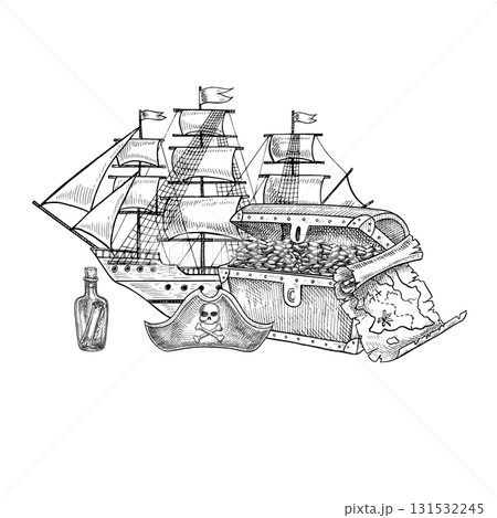 Treasure Island. Medieval sea voyage. Black and white graphics, hand-drawn vector illustrations. An old ship with sails and a treasure chest, a map, a pirate s tricorn hat, and a message in a bottle. 131532245