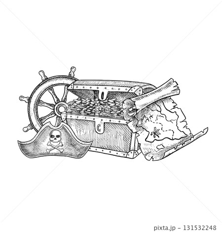 Treasure Island. Black and white graphics, hand-drawn vector illustrations. Medieval sea voyage. Pirate theme. For children s games and celebrations. For stickers, posters, banners, and more. 131532248