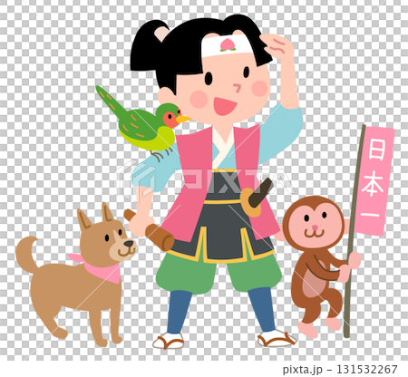 猿、犬、キジを連れた桃太郎　もも太郎 131532267