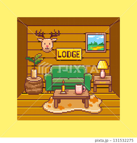 Pixel Art Rustic Lodge Living Room Background. Retro 8-Bit Cabin Interior with Green Sofa, Deer Trophy, Wood Walls, Warm Lamp and Side Table, Coffee Table with Candle and Mug, Potted Plant, Hide Rug 131532275