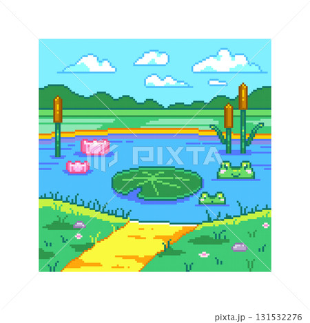 Pixel Art Pond Landscape Background. Retro 8-Bit Nature Scene with Frogs, Lily Pad and Water Lilies, Cattails and Reeds, Grassy Shore and Stone Path, Distant Hills, Blue Sky and Clouds. 131532276