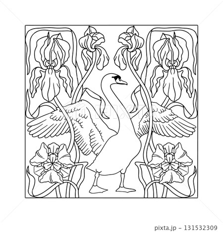 Art nouveau style modern hand drawn elegant swan and iris flowers symmetrical composition for coloring page Art nouveau style modern hand drawn elegant swan and iris flowers symmetrical composition for coloring page 131532309