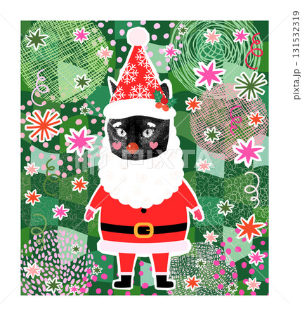 Funny Black Cat Santa Claus, Vector halftone Christmas collage for greeting cards, banners and posters Funny Black Cat Santa Claus, Vector halftone Christmas collage for greeting cards, banners and posters 131532319