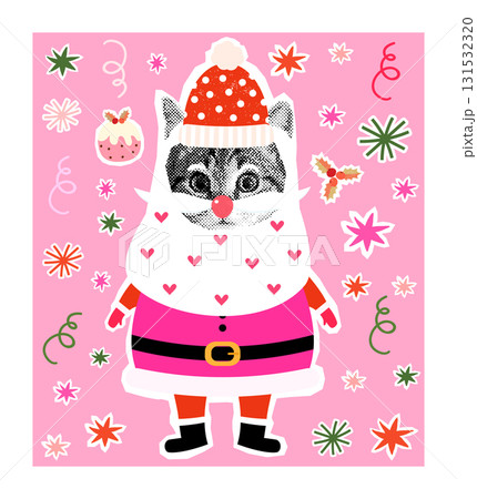 Funny Christmas vector greeting card with Santa Claus cat, Cute collage kitty with mustache and beard Funny Christmas vector greeting card with Santa Claus cat, Cute collage kitty with mustache and beard 131532320