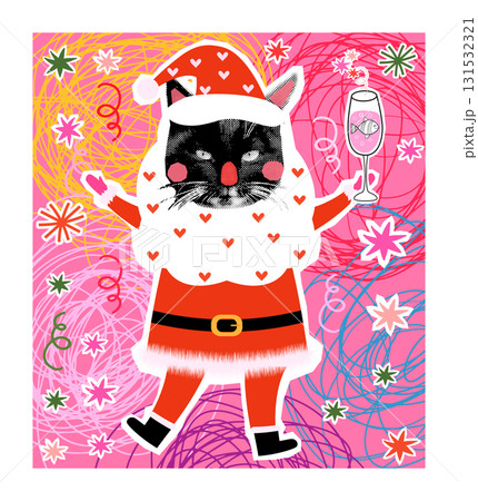 Cute vector black cat in Santa Claus costume with beard, champagne with fish , Funny kitty poster, greeting card or banner Cute vector black cat in Santa Claus costume with beard, champagne with fish , Funny kitty poster, greeting card or banner 131532321