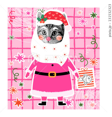 Fun hipster Santa Claus cat with a gift box with fish, Funny kitty illustration collage for pet food graphic design 131532323
