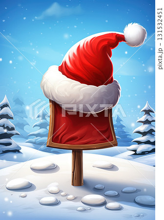 Santa hat on the snow for Christmas celebration. Winter holidays card with Santa cap. Generated AI. 131532451