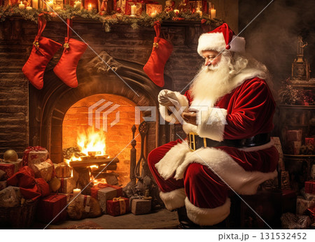 Santa Claus giving a Christmas gift. Xmas winter holiday scene with magic gifts and Santa. Generated AI. 131532452