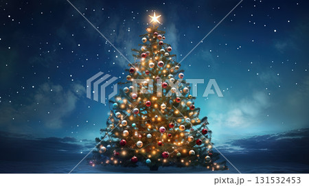 Christmas tree shining with stars, garlands and baubles in the evening snowy backyard. Generated AI. 131532453