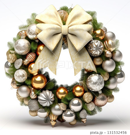 Christmas wreath with shiny baubles anr ribbon. Ornate wreath for winter holidays. Generated AI. Christmas wreath with shiny baubles anr ribbon. Ornate wreath for winter holidays. Generated AI. 131532456