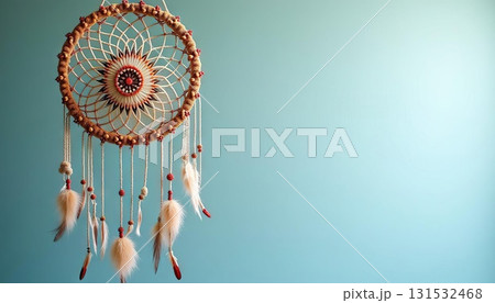 Dreamcatcher with colorful feathers and intricate web design for calm and mystical experience. Generated AI 131532468
