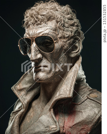 Marble bust in leather jacket with sunglasses captures a striking blend of classical and modern styles 131532855