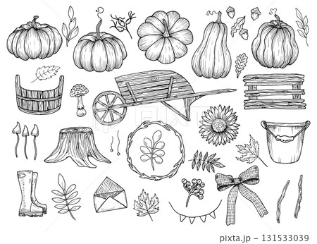 Collection of autumn themed elements. Vector illustrations of wooden objects, vegetables, berries and flowers. Hand drawn black graphics. Outline drawings for agricultural designs. Thanksgiving. Collection of autumn themed elements. Vector illustrations of wooden objects, vegetables, berries and flowers. Hand drawn black graphics. Outline drawings for agricultural designs. Thanksgiving. 131533039