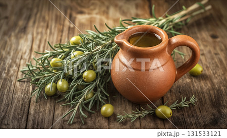 Olive oil in clay jug with fresh rosemary sprigs and green olives, placed on rustic wooden table. Organic Mediterranean ingredient for healthy cooking. Traditional natural food, and gourmet cuisine. Olive oil in clay jug with fresh rosemary sprigs and green olives, placed on rustic wooden table. Organic Mediterranean ingredient for healthy cooking. Traditional natural food, and gourmet cuisine. 131533121