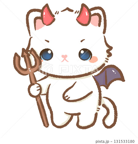 Kawaii white cat devil character cute chibi kitten with red horns bat wings tail holding trident cartoon Halloween illustration for stickers cards and crafts 131533180