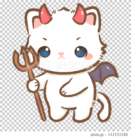 Kawaii white cat devil character cute chibi kitten with red horns bat wings tail holding trident cartoon Halloween illustration for stickers cards and crafts 131533180