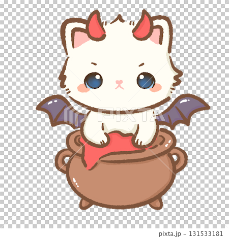 Kawaii white cat devil character cute chibi kitten with red horns bat wings and tail sitting inside magic cauldron Halloween cartoon illustration for stickers cards and crafts Kawaii white cat devil character cute chibi kitten with red horns bat wings and tail sitting inside magic cauldron Halloween cartoon illustration for stickers cards and crafts 131533181
