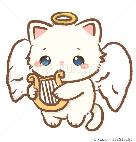 Kawaii white cat angel character cute chibi kitten with golden halo and wings holding harp cartoon illustration for Valentines wedding stickers greeting cards and crafts Kawaii white cat angel character cute chibi kitten with golden halo and wings holding harp cartoon illustration for Valentines wedding stickers greeting cards and crafts 131533183