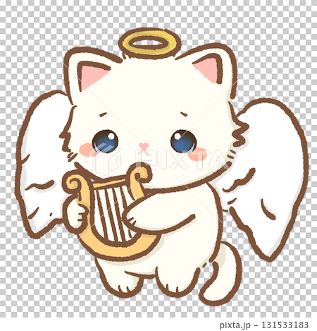 Kawaii white cat angel character cute chibi kitten with golden halo and wings holding harp cartoon illustration for Valentines wedding stickers greeting cards and crafts Kawaii white cat angel character cute chibi kitten with golden halo and wings holding harp cartoon illustration for Valentines wedding stickers greeting cards and crafts 131533183