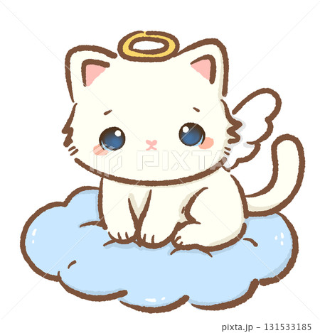 Kawaii white cat angel character cute chibi kitten with golden halo wings sitting on fluffy blue cloud cartoon illustration for Valentines wedding stickers greeting cards and crafts 131533185