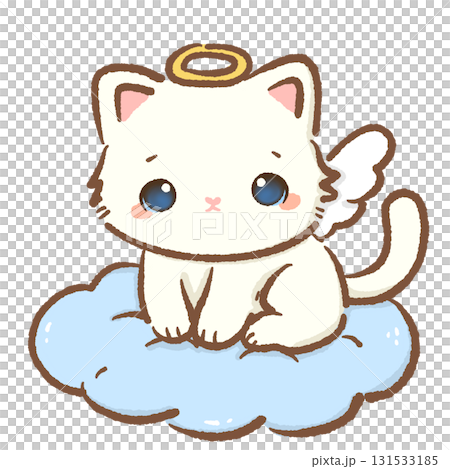 Kawaii white cat angel character cute chibi kitten with golden halo wings sitting on fluffy blue cloud cartoon illustration for Valentines wedding stickers greeting cards and crafts 131533185