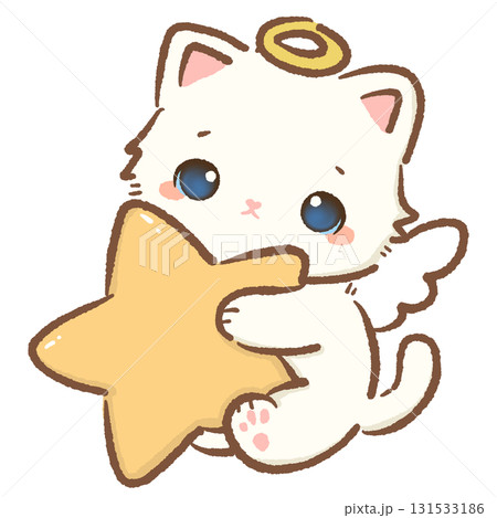 Kawaii white cat angel character cute chibi kitten with golden halo wings hugging big yellow star cartoon illustration for Valentines wedding stickers greeting cards and crafts 131533186