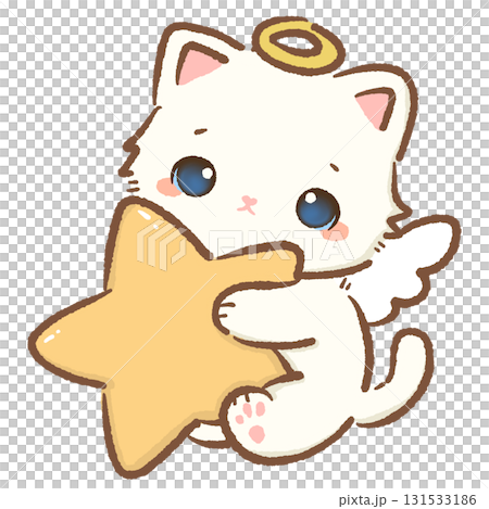 Kawaii white cat angel character cute chibi kitten with golden halo wings hugging big yellow star cartoon illustration for Valentines wedding stickers greeting cards and crafts 131533186