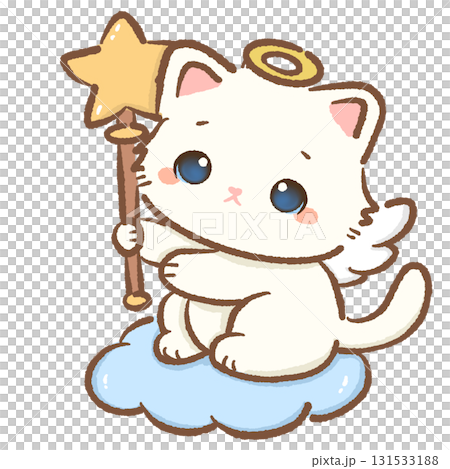 Kawaii white cat angel character cute chibi kitten with golden halo wings holding magic star wand sitting on fluffy blue cloud cartoon illustration for Valentines cards and crafts 131533188