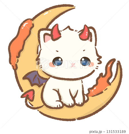 Kawaii white cat devil character cute chibi kitten with red horns bat wings and tail sitting on fiery crescent moon Halloween cartoon illustration for stickers cards and crafts 131533189