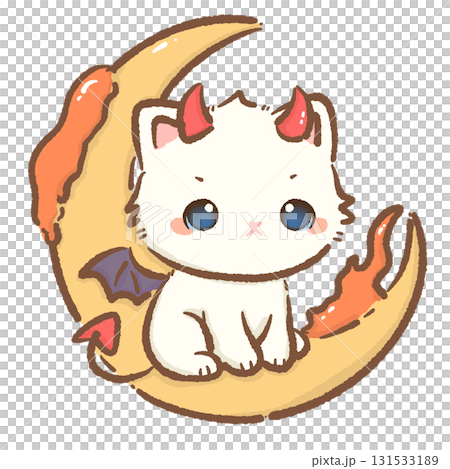 Kawaii white cat devil character cute chibi kitten with red horns bat wings and tail sitting on fiery crescent moon Halloween cartoon illustration for stickers cards and crafts 131533189