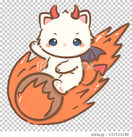 Kawaii white cat devil character cute chibi kitten with red horns bat wings and tail riding a fiery comet Halloween cartoon illustration for stickers greeting cards and crafts Kawaii white cat devil character cute chibi kitten with red horns bat wings and tail riding a fiery comet Halloween cartoon illustration for stickers greeting cards and crafts 131533190