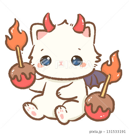 Kawaii white cat devil character cute chibi kitten with red horns bat wings and flaming caramel apples Halloween cartoon illustration for stickers cards and crafts Kawaii white cat devil character cute chibi kitten with red horns bat wings and flaming caramel apples Halloween cartoon illustration for stickers cards and crafts 131533191