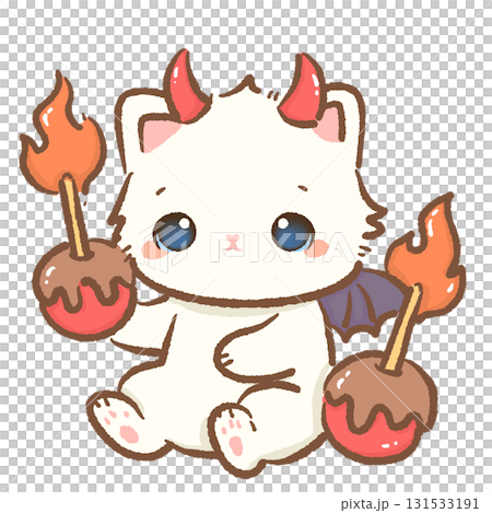 Kawaii white cat devil character cute chibi kitten with red horns bat wings and flaming caramel apples Halloween cartoon illustration for stickers cards and crafts Kawaii white cat devil character cute chibi kitten with red horns bat wings and flaming caramel apples Halloween cartoon illustration for stickers cards and crafts 131533191