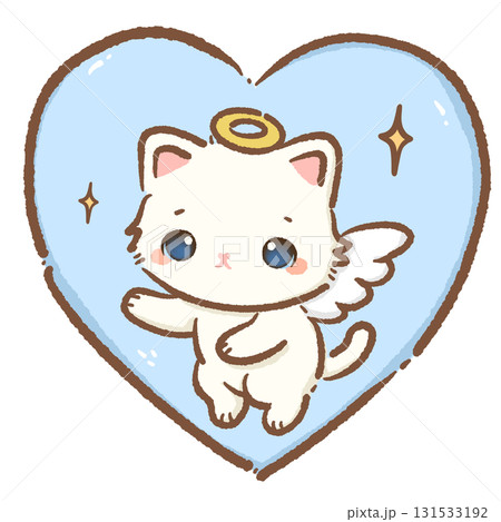 Kawaii white cat angel character cute chibi kitten with golden halo wings and pastel blue heart cartoon illustration hand drawn style perfect for Valentines Day stickers greeting cards invitations  131533192