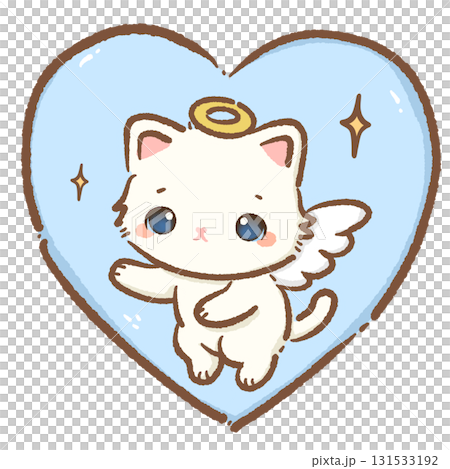 Kawaii white cat angel character cute chibi kitten with golden halo wings and pastel blue heart cartoon illustration hand drawn style perfect for Valentines Day stickers greeting cards invitations  131533192