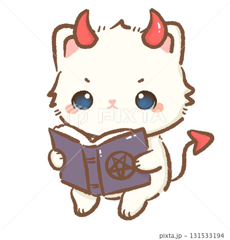 Kawaii white cat devil character cute chibi kitten with red horns tail and spell book cartoon Halloween illustration for stickers greeting cards invitations and crafts 131533194