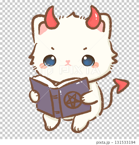 Kawaii white cat devil character cute chibi kitten with red horns tail and spell book cartoon Halloween illustration for stickers greeting cards invitations and crafts 131533194