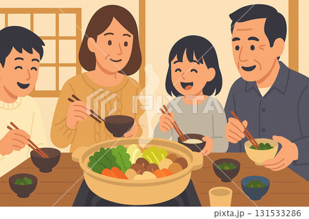 湯気が立つ鍋料理と冬の食卓 131533286
