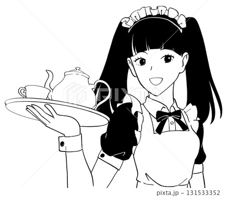 メイドカフェで働く黒髪ツインテールの女の子のイラスト メイドカフェで働く黒髪ツインテールの女の子のイラスト 131533352