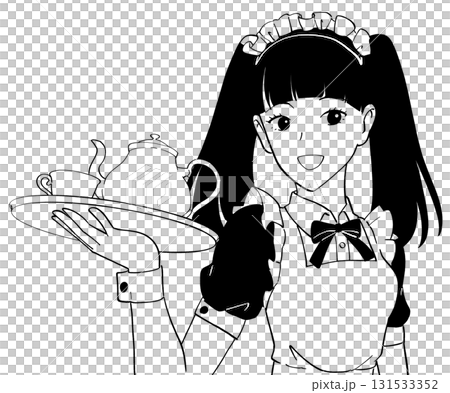 メイドカフェで働く黒髪ツインテールの女の子のイラスト メイドカフェで働く黒髪ツインテールの女の子のイラスト 131533352