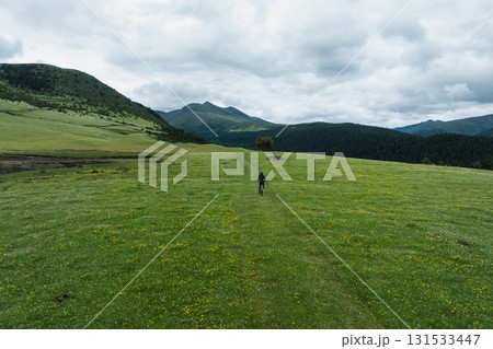 Aerial view of woman riding mountain bike on flowering grassland mountain trail Aerial view of woman riding mountain bike on flowering grassland mountain trail 131533447