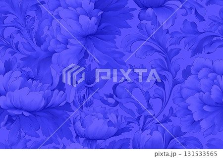 鮮やかなロイヤルブルーのシームレスなフローラル彫刻パターン：豪華なバロック調の花柄背景 131533565