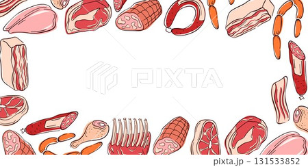 Border frame with different meat cuts in flat style. Perfect for butcher shop design, restaurant menu, culinary book or background in food related illustration. 131533852